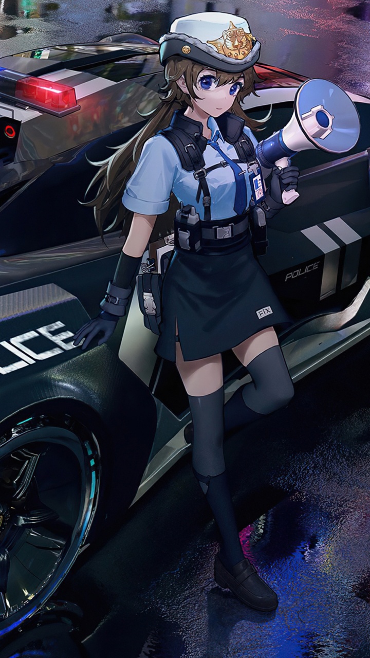 Coche de Policía Chica Anime, Coche, el Coche de la Policía, de Dibujos Animados, Caricatura. Wallpaper in 720x1280 Resolution