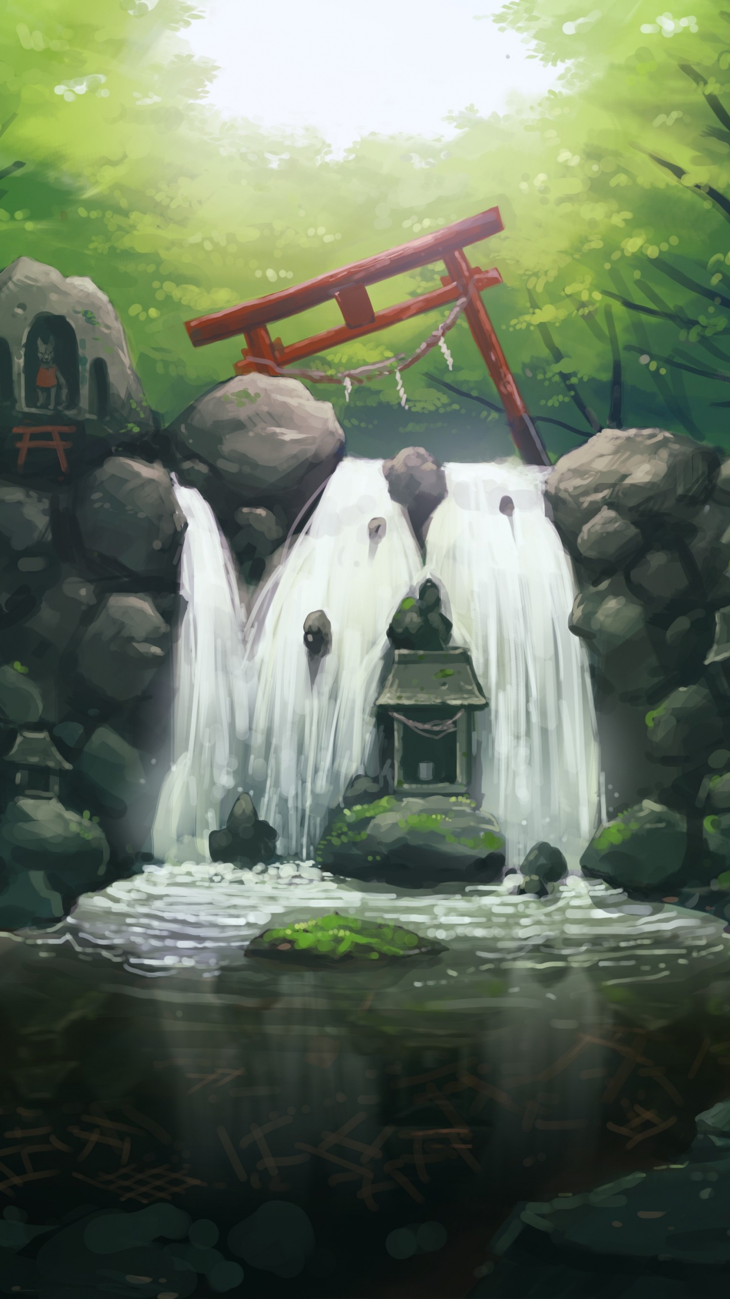 Weiße Betonstatue Auf Wasserfontäne. Wallpaper in 1440x2560 Resolution