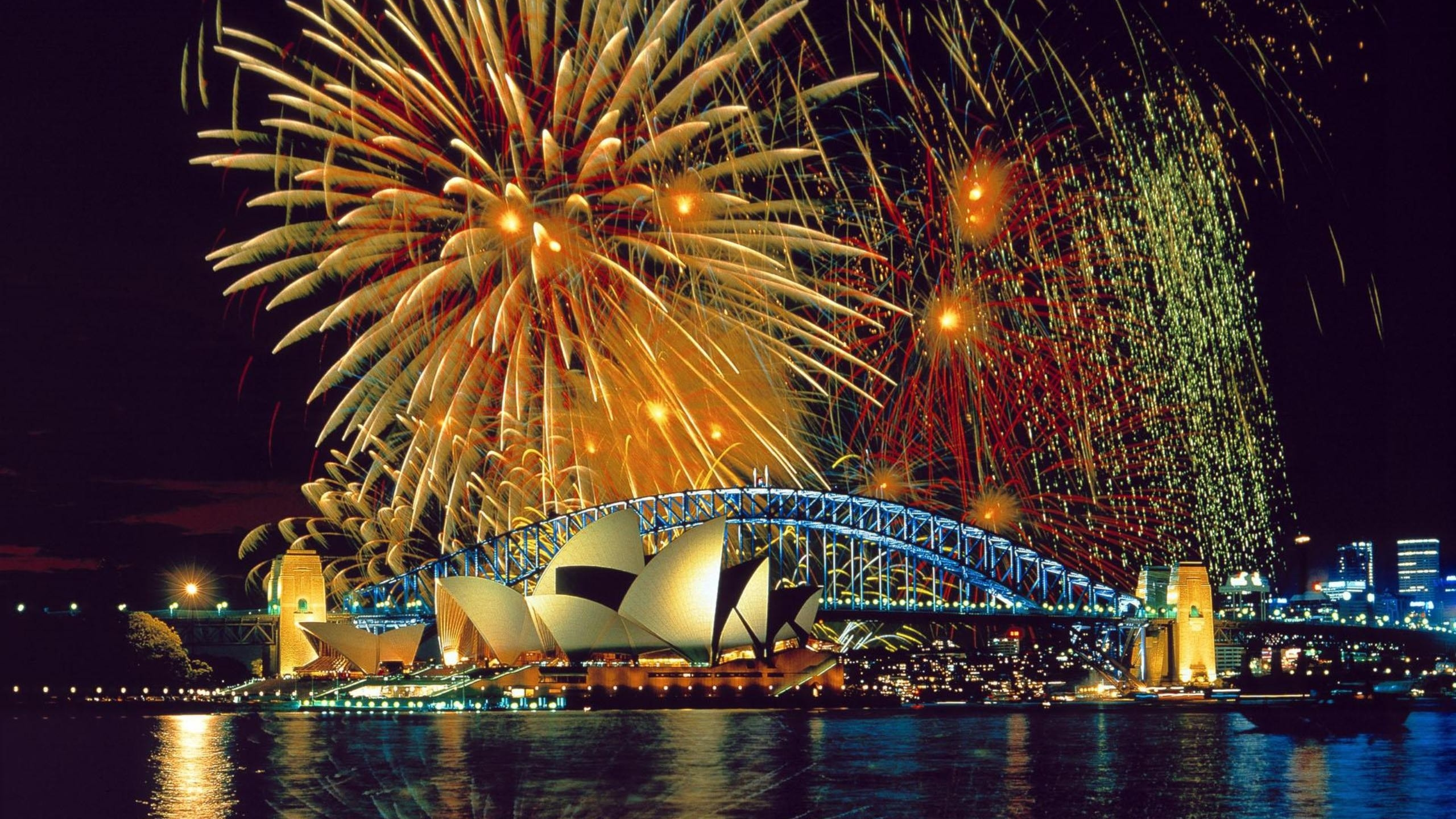 烟花, 反射, 城市景观, 悉尼, 节日 壁纸 2560x1440 允许