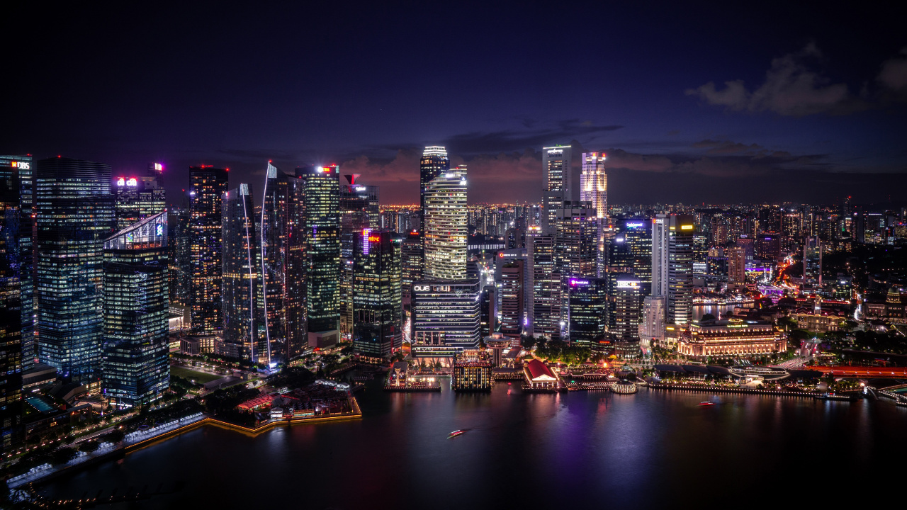 Singapore Aerial View Night, Singapore, Water, Skyscraper, Building. Wallpaper in 1280x720 Resolution