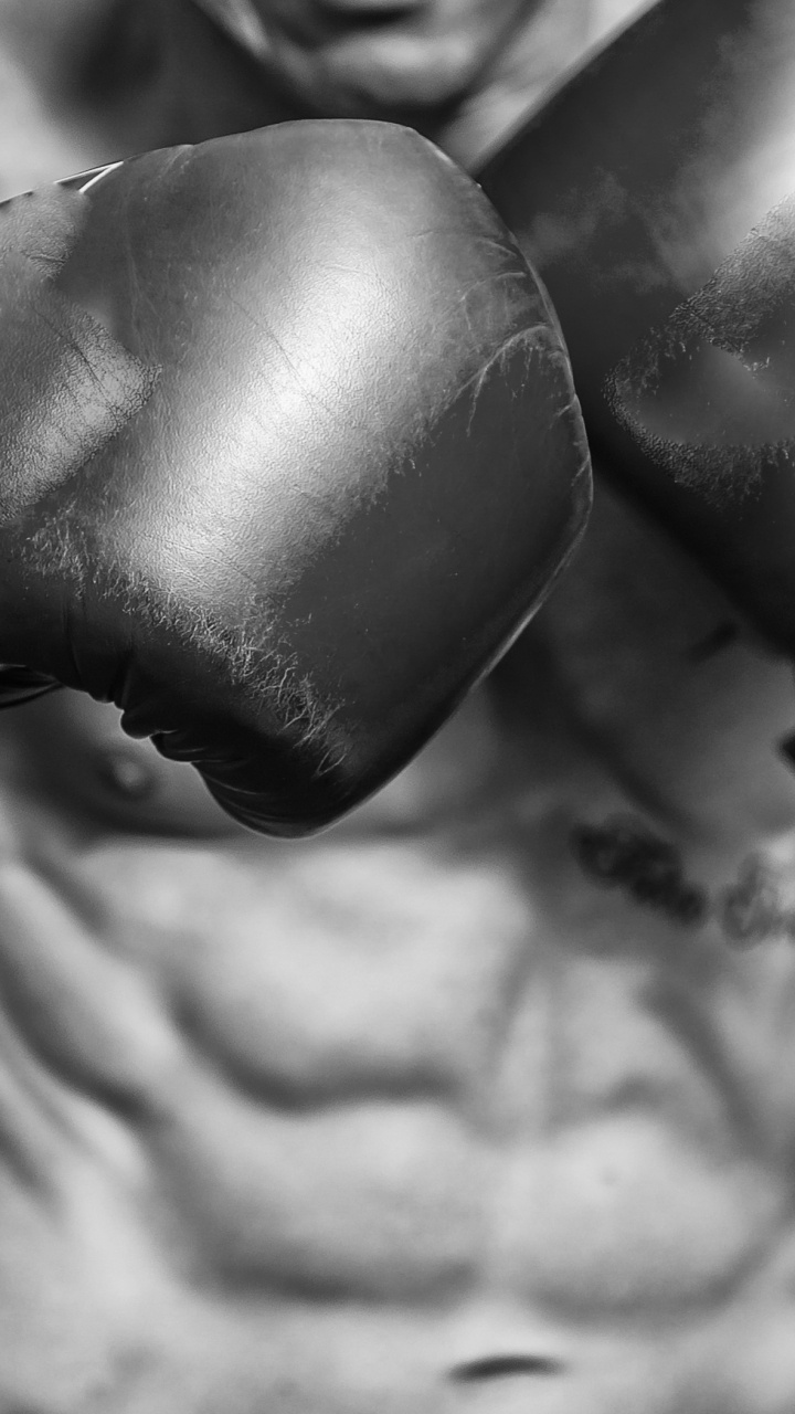Gants de Boxe en Cuir Noir en Niveaux de Gris. Wallpaper in 720x1280 Resolution