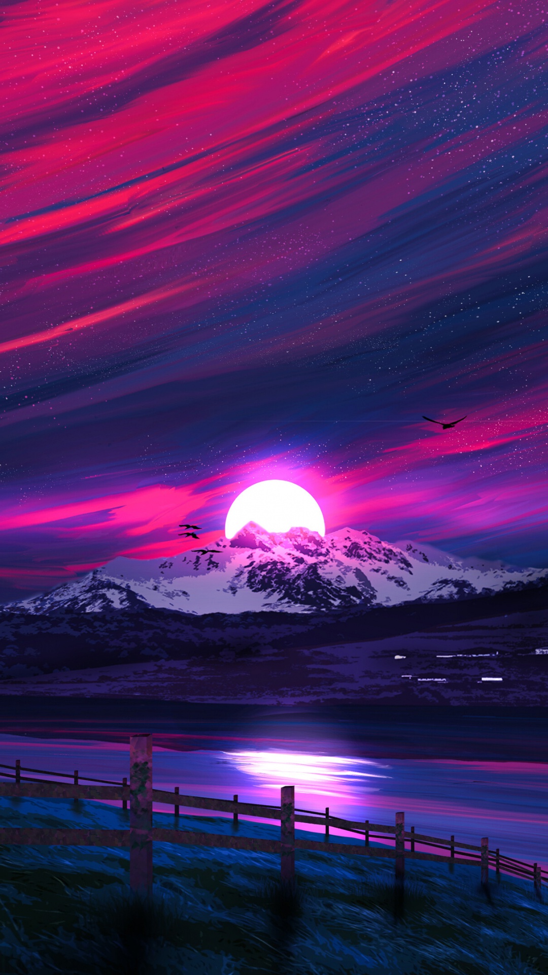 Neonlandschaft, Landschaftsmalerei, Kunst, Sonnenuntergang, Magenta. Wallpaper in 1080x1920 Resolution