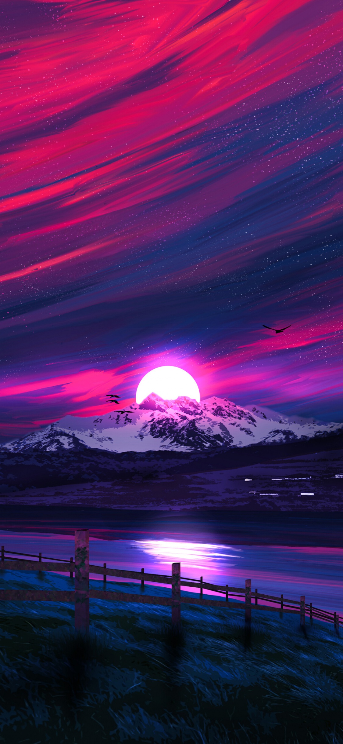 Neonlandschaft, Landschaftsmalerei, Kunst, Sonnenuntergang, Magenta. Wallpaper in 1125x2436 Resolution