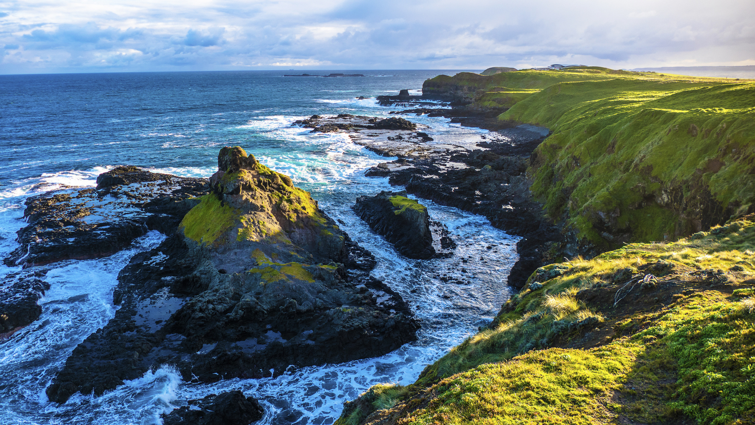 Green and Brown Rock Formation on Sea During Daytime. Wallpaper in 2560x1440 Resolution