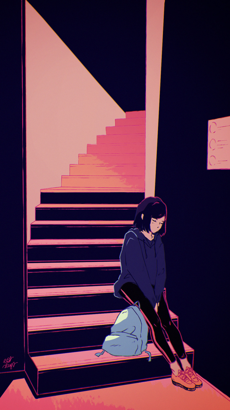 Woman in Black Long Sleeve Shirt and Black Pants Sitting on Stairs. Wallpaper in 750x1334 Resolution