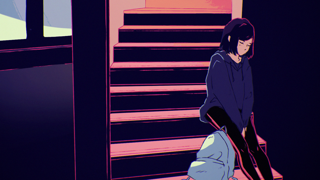 Femme en Chemise Noire à Manches Longues et Pantalon Noir Assis Dans Les Escaliers. Wallpaper in 1280x720 Resolution