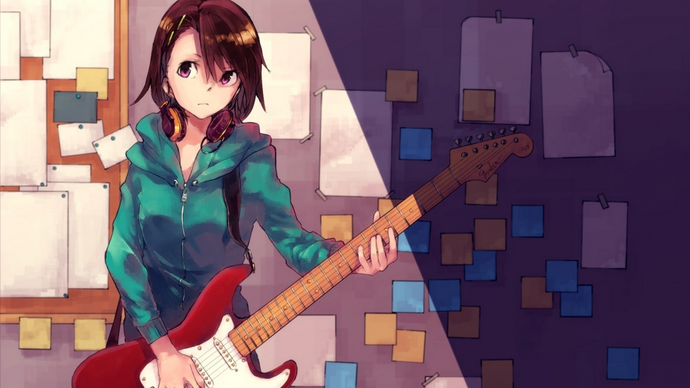 Woman in Blue and Black Jacket Holding Electric Guitar. Wallpaper in 1366x768 Resolution