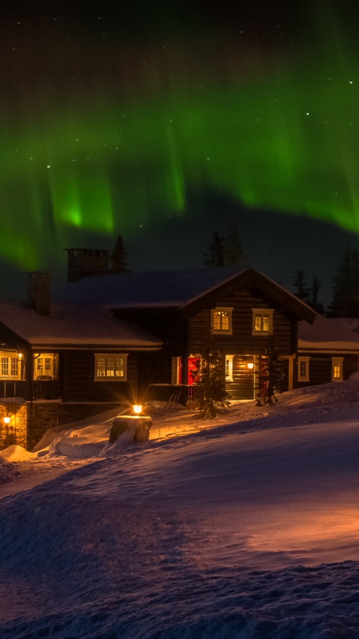 Brown Wooden House Under Green Sky. Wallpaper in 720x1280 Resolution
