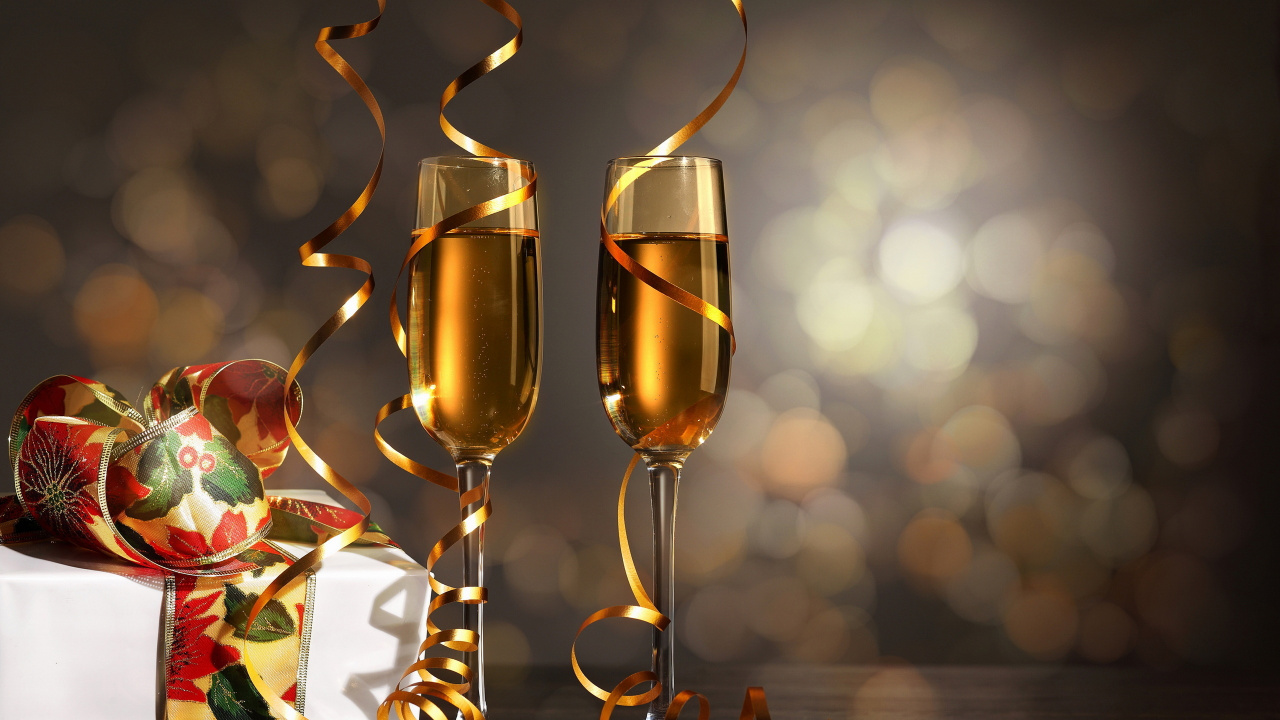 香槟, 新的一年, 葡萄酒, 生日, 高脚杯香槟 壁纸 1280x720 允许