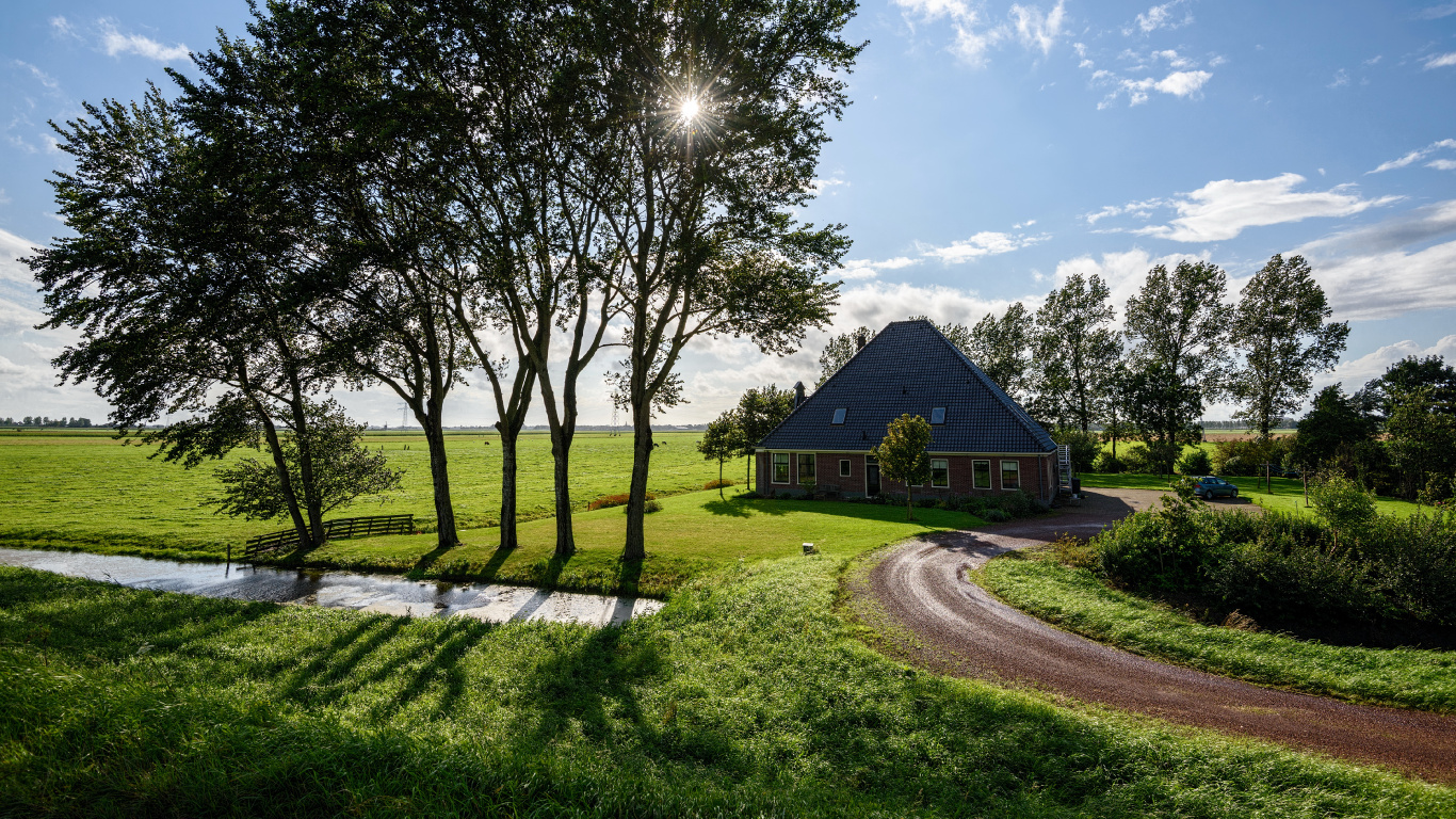 Braunes Holzhaus in Der Nähe Von Grünen Bäumen Unter Blauem Himmel Tagsüber. Wallpaper in 1366x768 Resolution