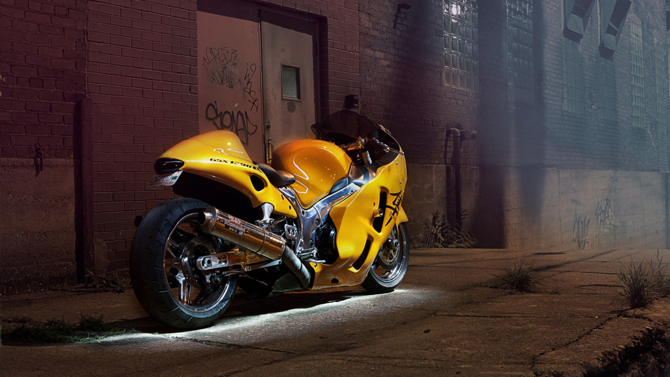 Yellow and Black Sports Bike Parked Beside Brown Brick Wall. Wallpaper in 1366x768 Resolution