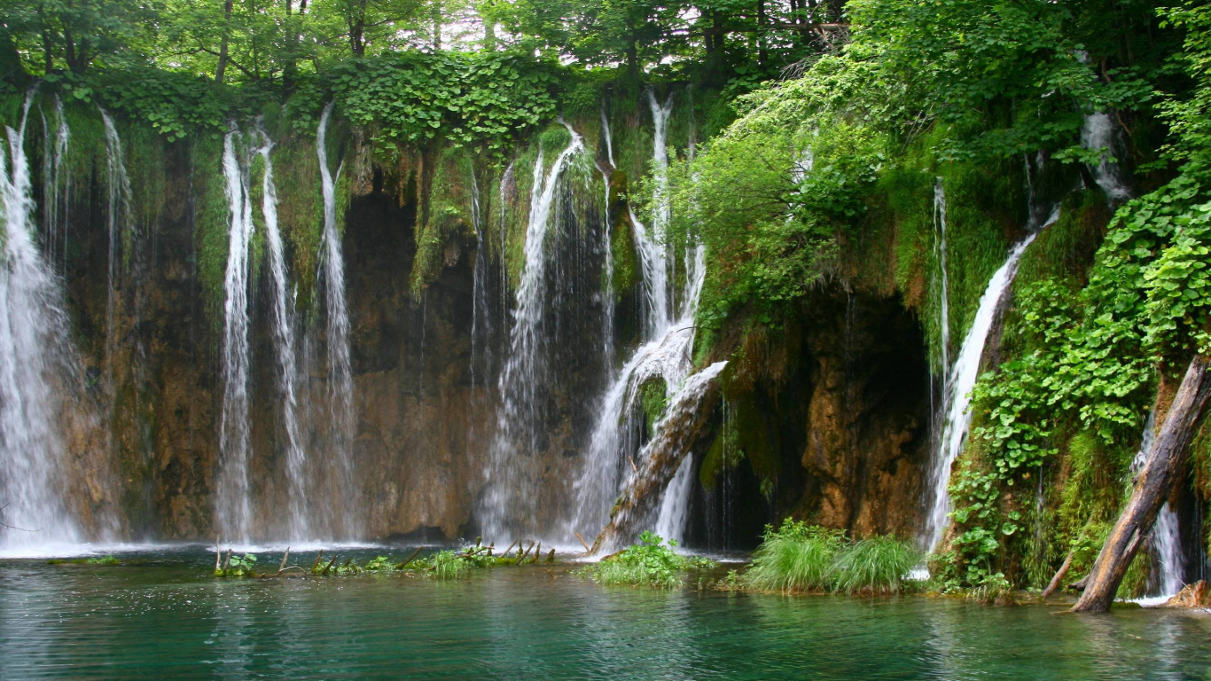 Green Moss on Brown Rock Formation Near Water Falls During Daytime. Wallpaper in 1366x768 Resolution
