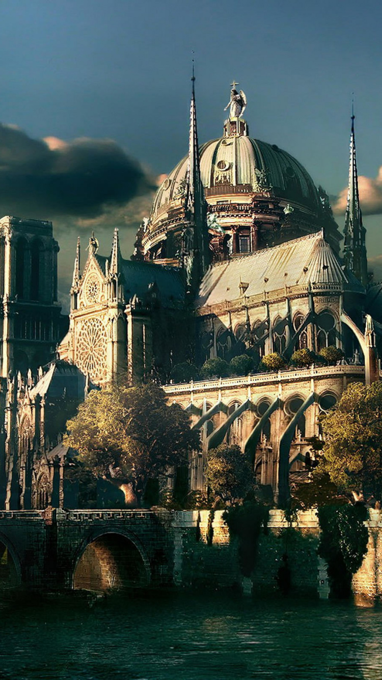 Weißes Und Graues Schloss in Der Nähe Eines Gewässers. Wallpaper in 750x1334 Resolution