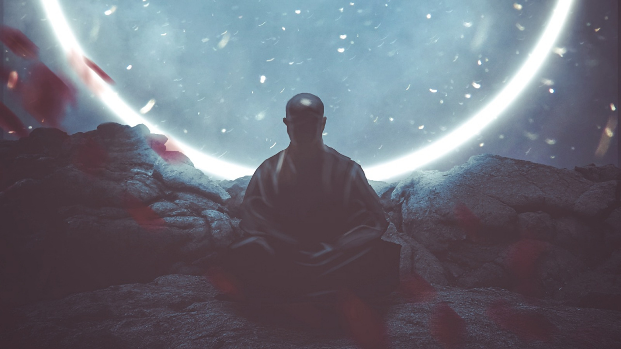 Silueta de Hombre Sentado Sobre Una Roca Bajo la Noche Estrellada. Wallpaper in 1280x720 Resolution