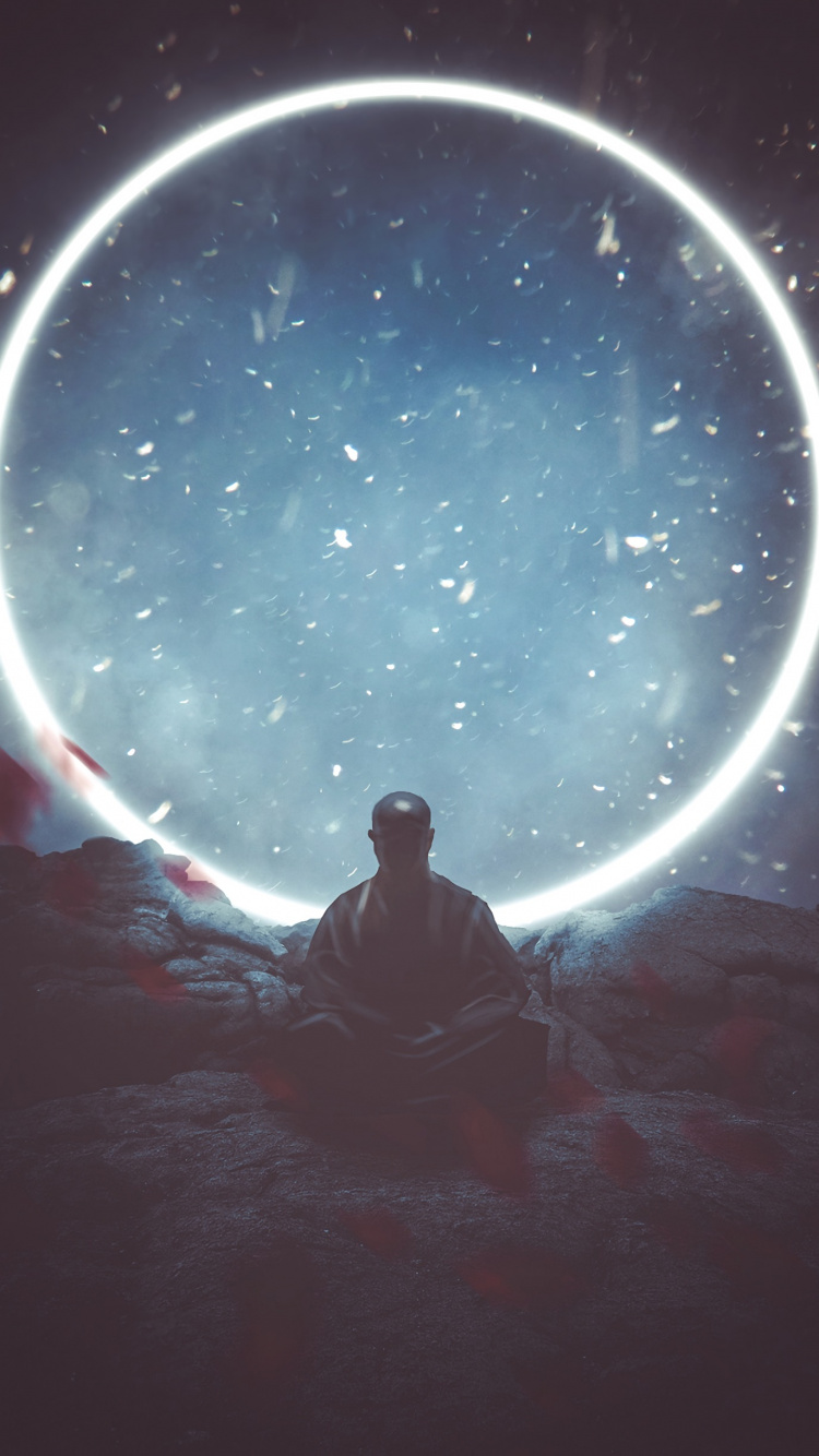 Silueta de Hombre Sentado Sobre Una Roca Bajo la Noche Estrellada. Wallpaper in 750x1334 Resolution