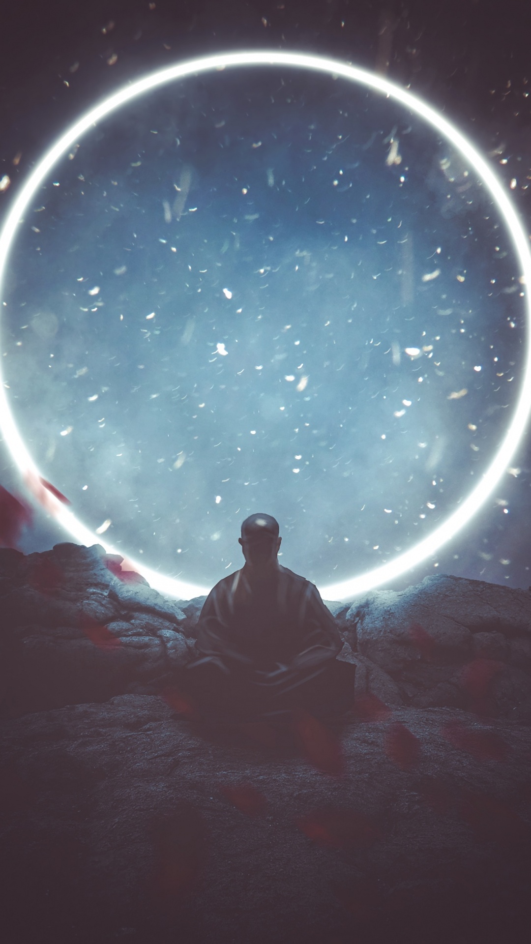 Silhouette of Man Sitting on Rock Under Starry Night. Wallpaper in 1080x1920 Resolution