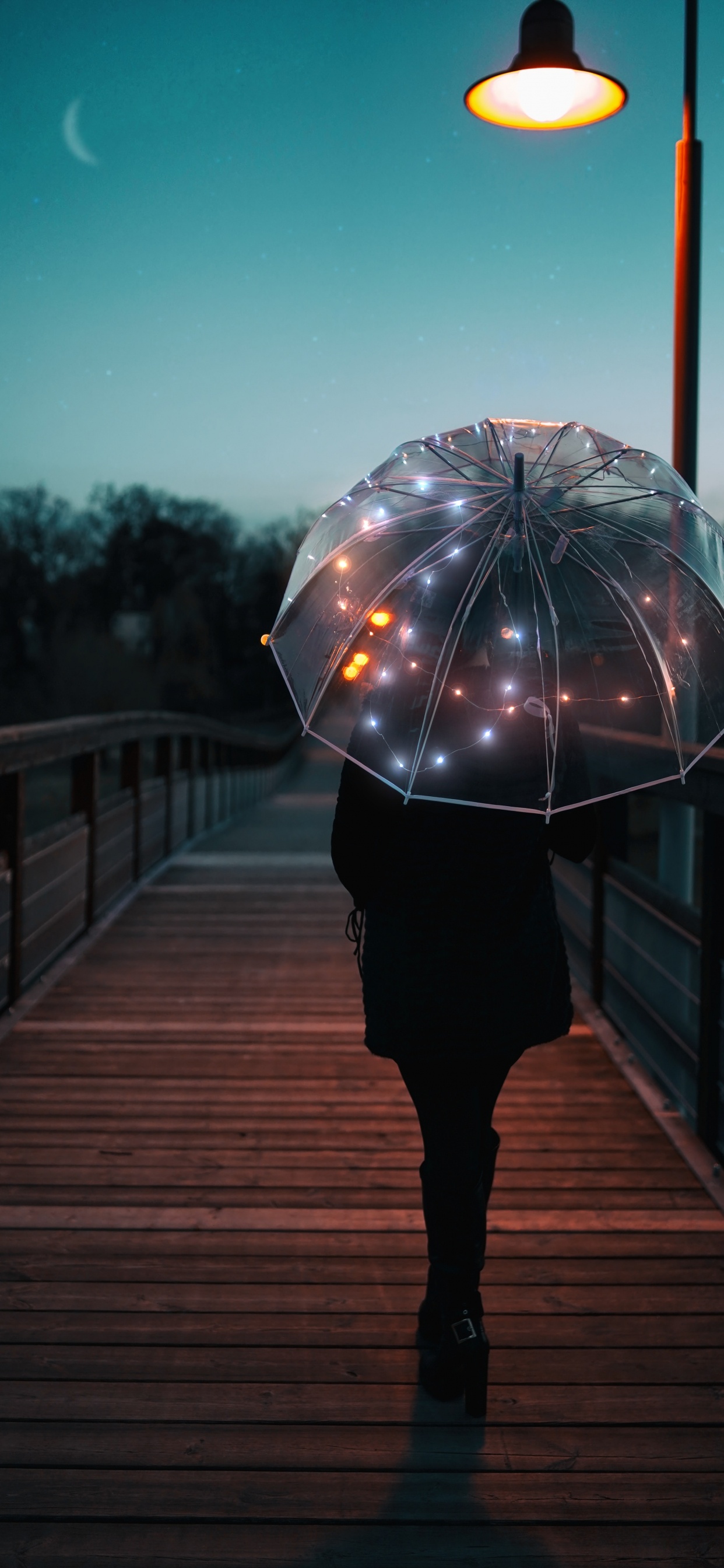 Person in Black Umbrella Walking on Wooden Bridge During Daytime. Wallpaper in 1242x2688 Resolution