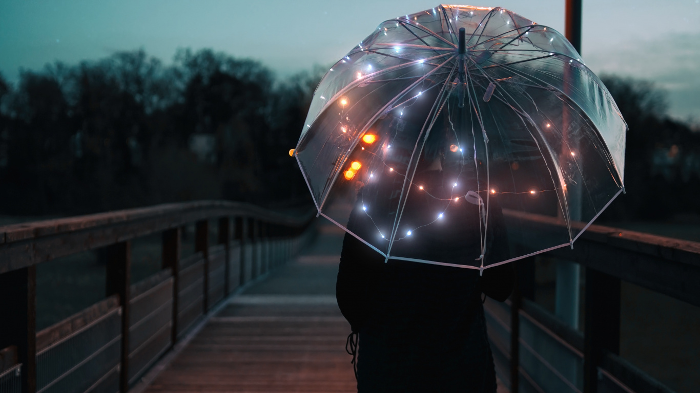 Person in Black Umbrella Walking on Wooden Bridge During Daytime. Wallpaper in 1366x768 Resolution