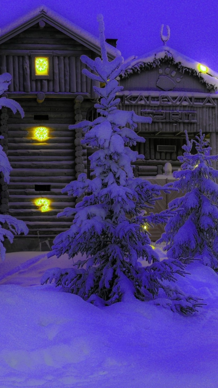 Árbol de Navidad Verde Con Luces de Cadena Cerca de la Casa de Madera Marrón Cubierta de Nieve Durante la Noche. Wallpaper in 720x1280 Resolution