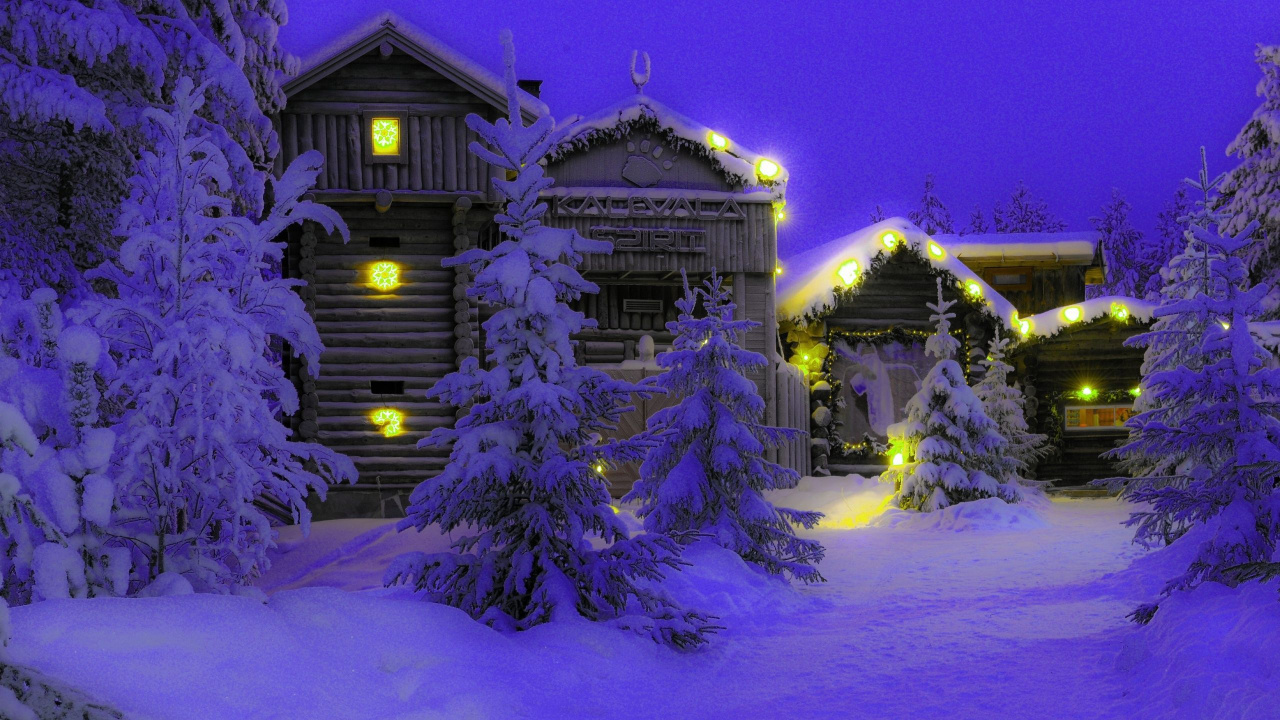 Green Christmas Tree With String Lights Near Brown Wooden House Covered With Snow During Night Time. Wallpaper in 1280x720 Resolution