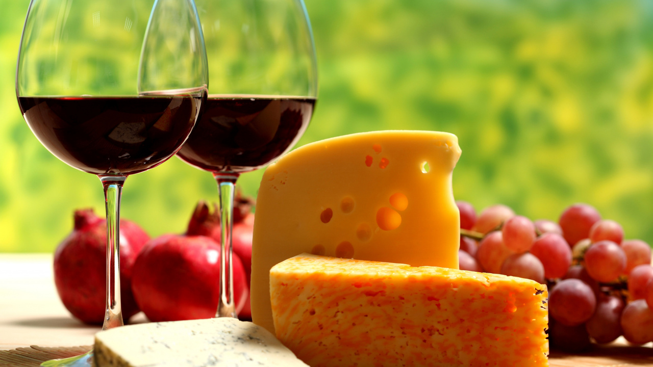 葡萄酒, 红葡萄酒, 奶酪, 葡萄酒杯, 食品 壁纸 1280x720 允许