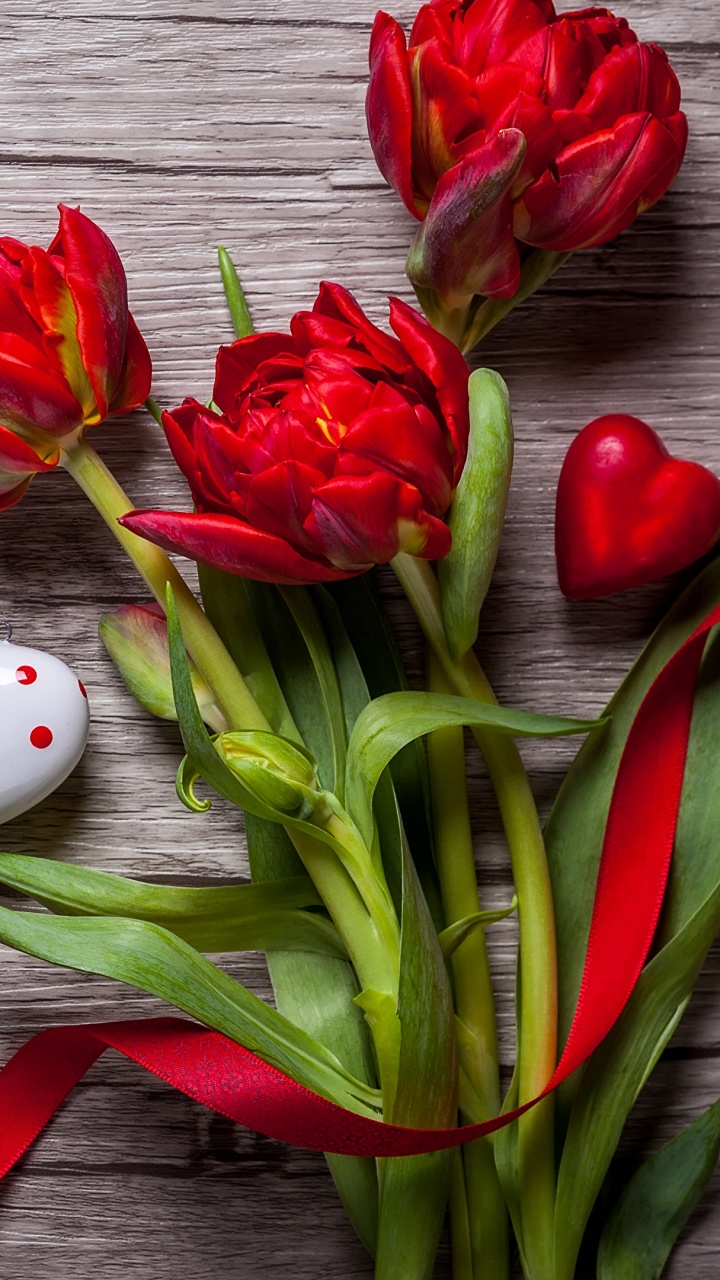Red Tulips on Brown Wooden Surface. Wallpaper in 720x1280 Resolution