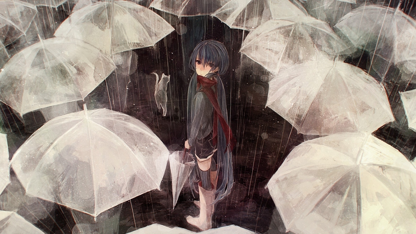 Frau im Weißen Kleid Mit Regenschirmillustration. Wallpaper in 1366x768 Resolution