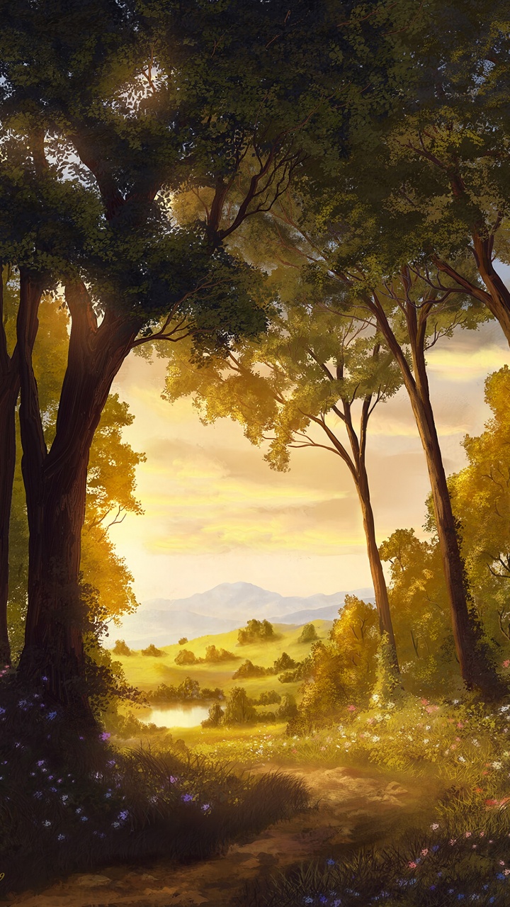 Naturlandschaft, Natur, Baum, Malerei, Sonnenlicht. Wallpaper in 720x1280 Resolution