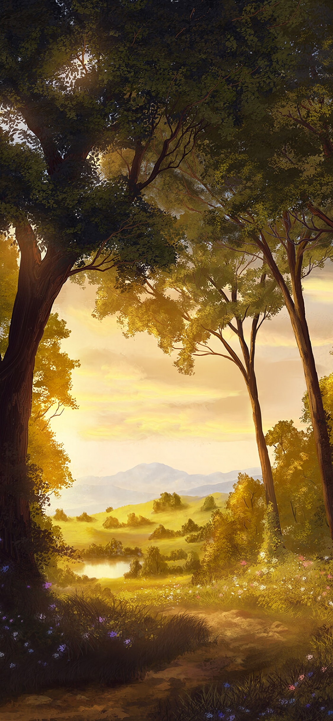 Natural Landscape, Nature, Tree, Painting, Sunlight. Wallpaper in 1125x2436 Resolution