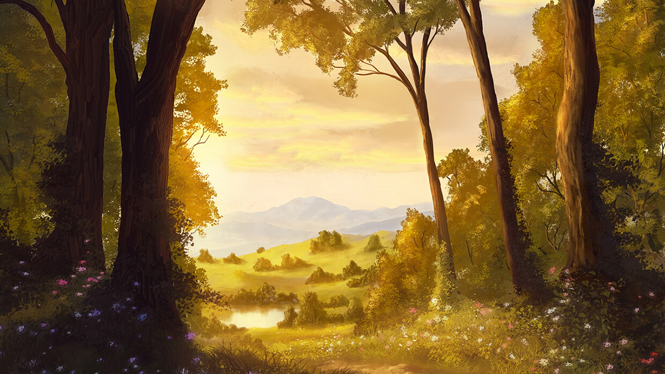 Natural Landscape, Nature, Tree, Painting, Sunlight. Wallpaper in 1366x768 Resolution