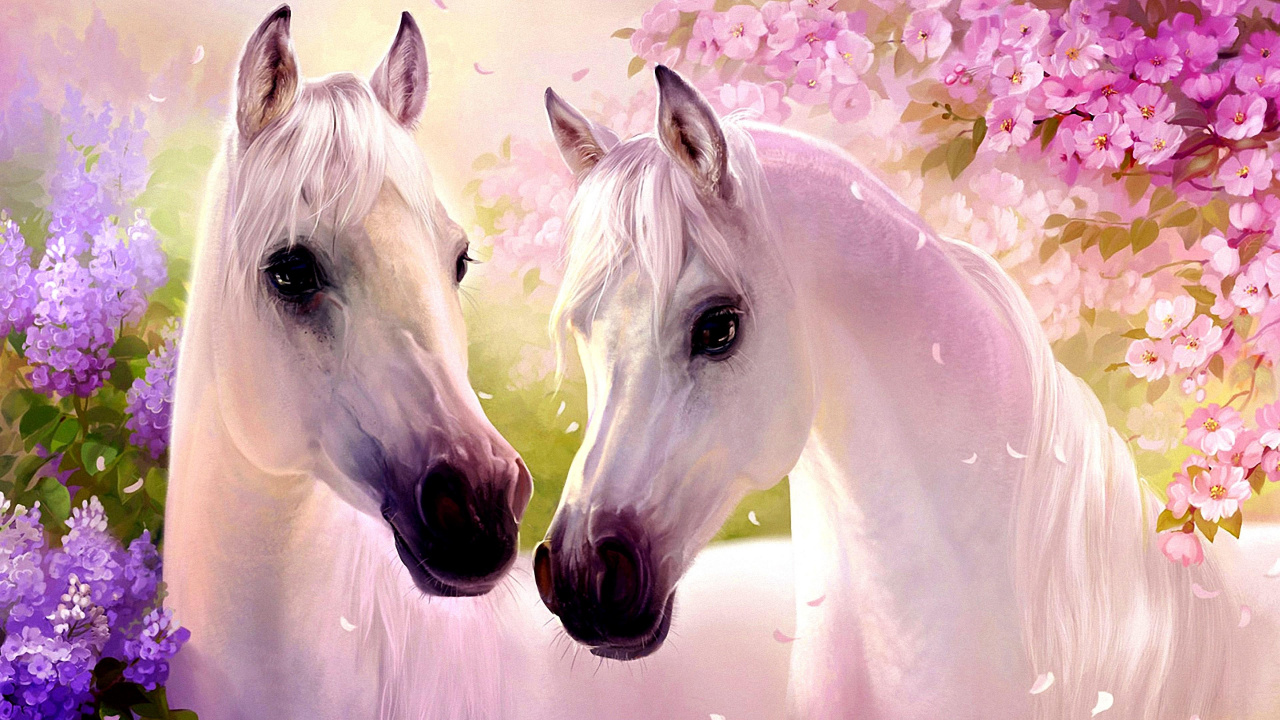 White Horse With Purple Flowers. Wallpaper in 1280x720 Resolution