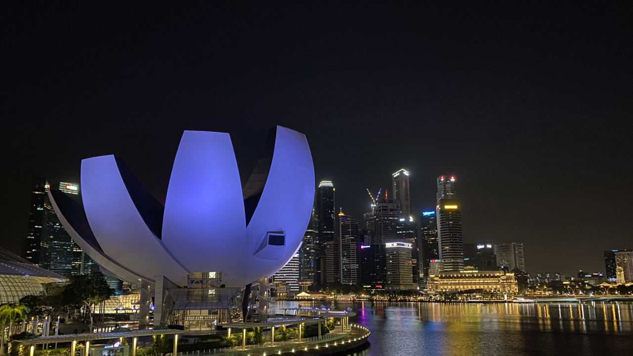 Singapore, Reflection, Skyscraper, Water, Night. Wallpaper in 1280x720 Resolution