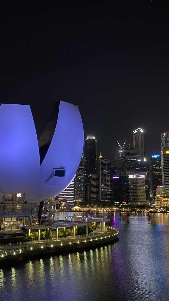 Singapur, Reflexion, Wolkenkratzer, Wasser, Nacht. Wallpaper in 720x1280 Resolution