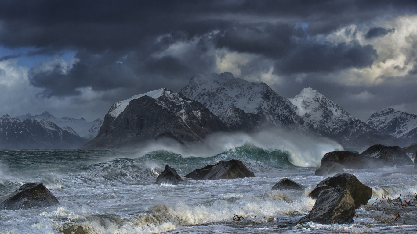 Snow Covered Mountain Under Cloudy Sky During Daytime. Wallpaper in 1366x768 Resolution