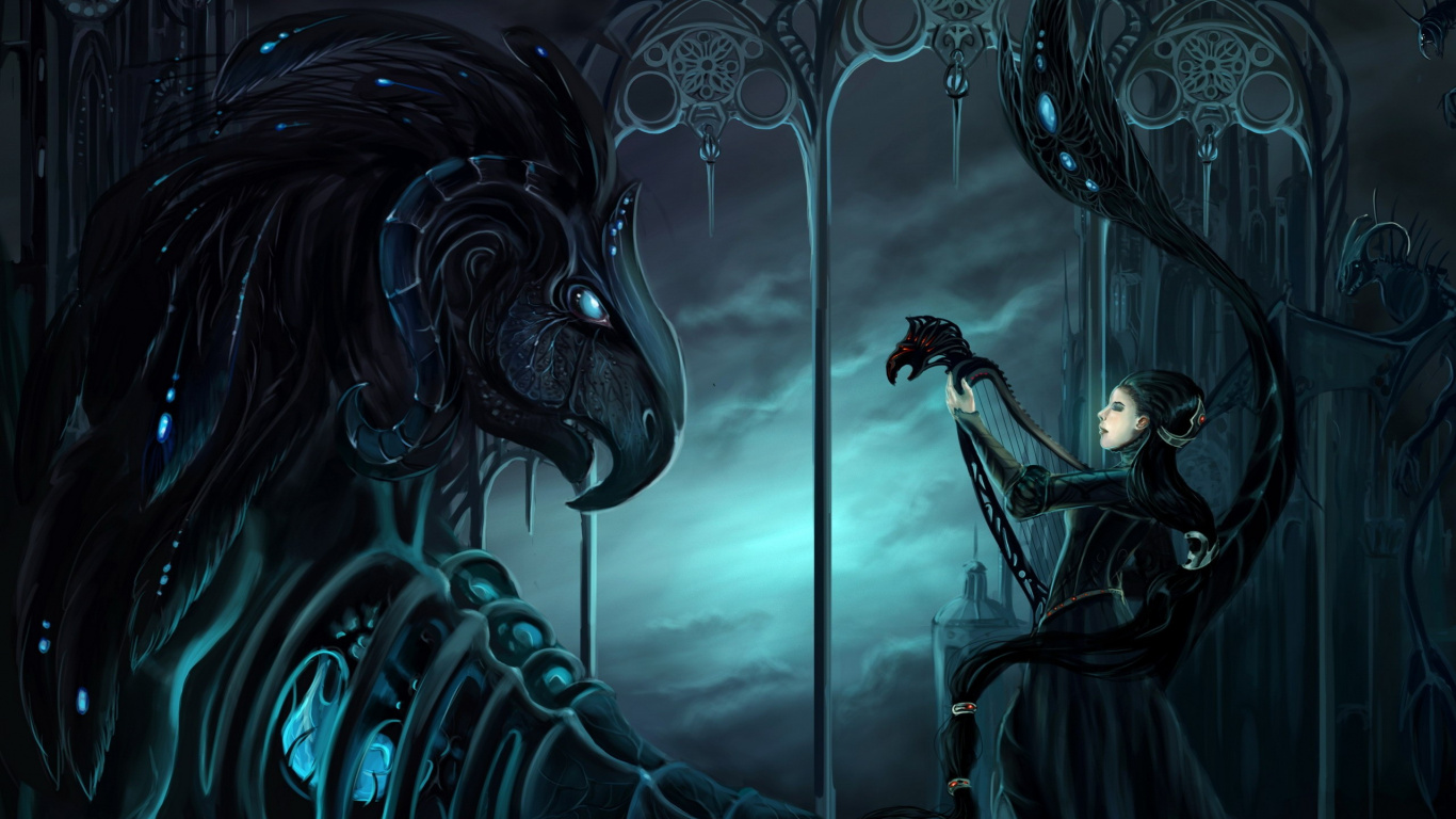 Femme en Robe Noire Tenant un Parapluie Noir Illustration. Wallpaper in 1366x768 Resolution