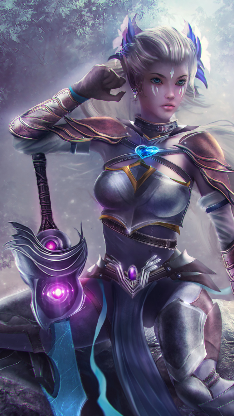 Femme en Robe Blanche et Noire Tenant Une Illustration D'arme. Wallpaper in 750x1334 Resolution