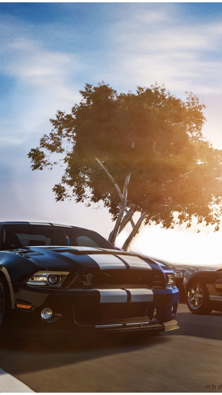 Coupé Noir Sur Route Pendant le Coucher du Soleil. Wallpaper in 750x1334 Resolution