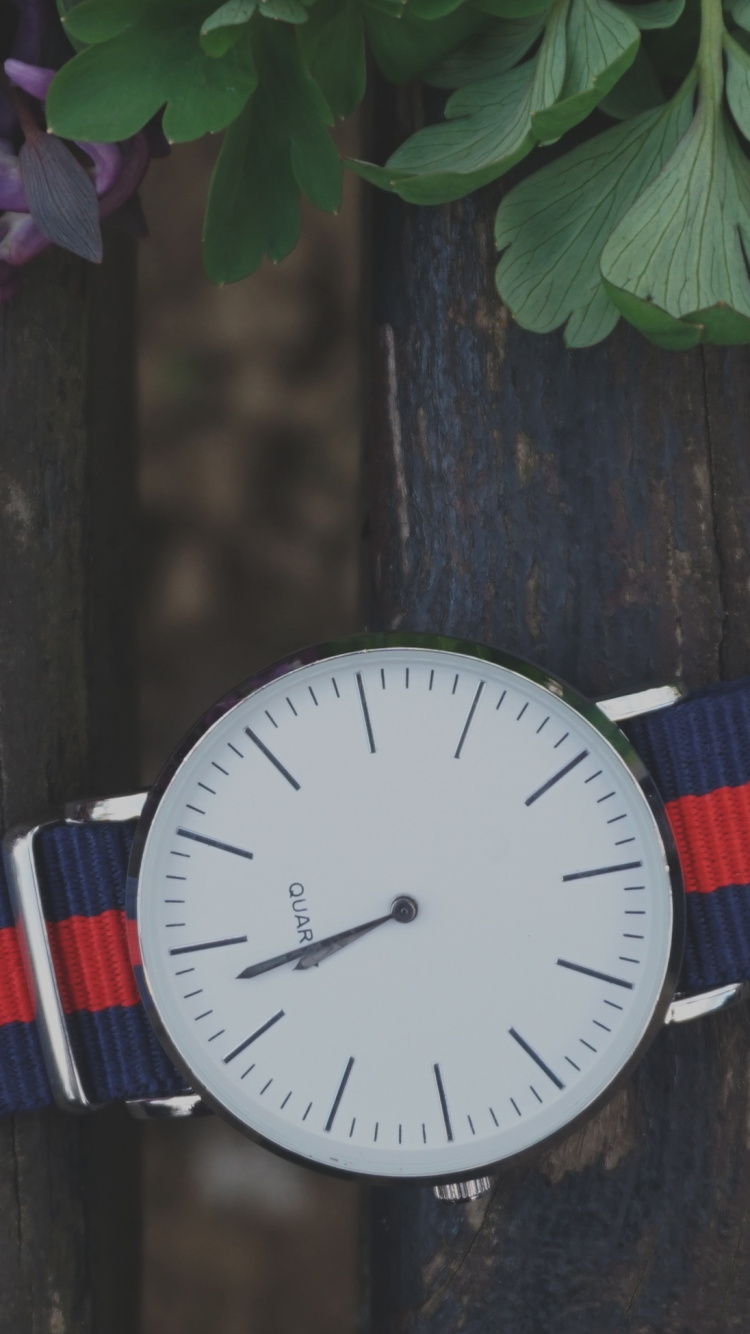 Silberne Runde Analoguhr Mit Rotem Armband. Wallpaper in 750x1334 Resolution