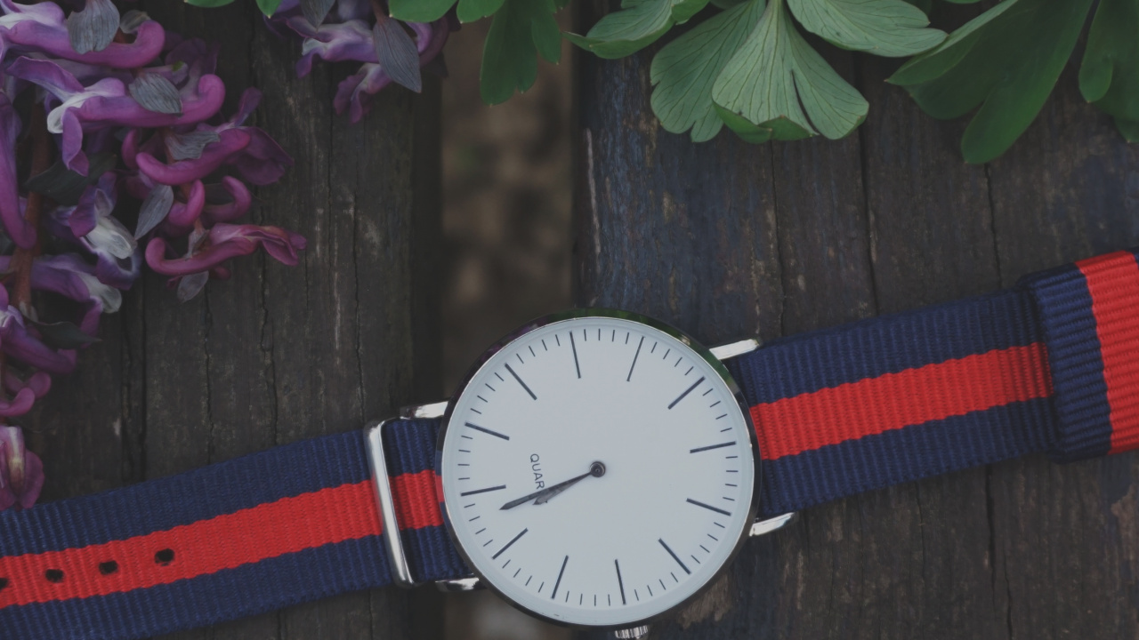 Montre Analogique Ronde en Argent Avec Bracelet Rouge. Wallpaper in 1280x720 Resolution