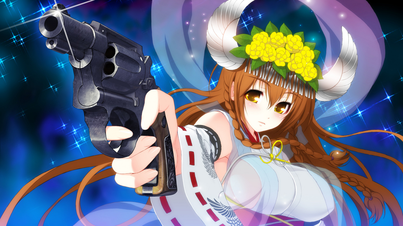 Woman in White and Black Dress Holding Black and White Gun Illustration. Wallpaper in 1366x768 Resolution