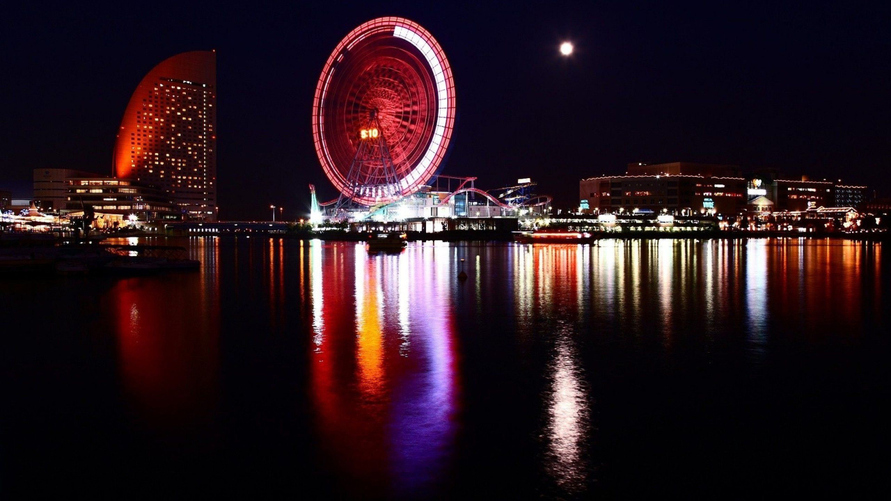 Grande Roue Près du Plan D'eau Pendant la Nuit. Wallpaper in 1280x720 Resolution