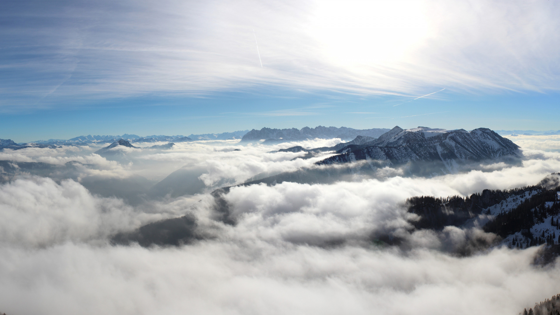 White Clouds Over Snow Covered Mountains. Wallpaper in 1920x1080 Resolution