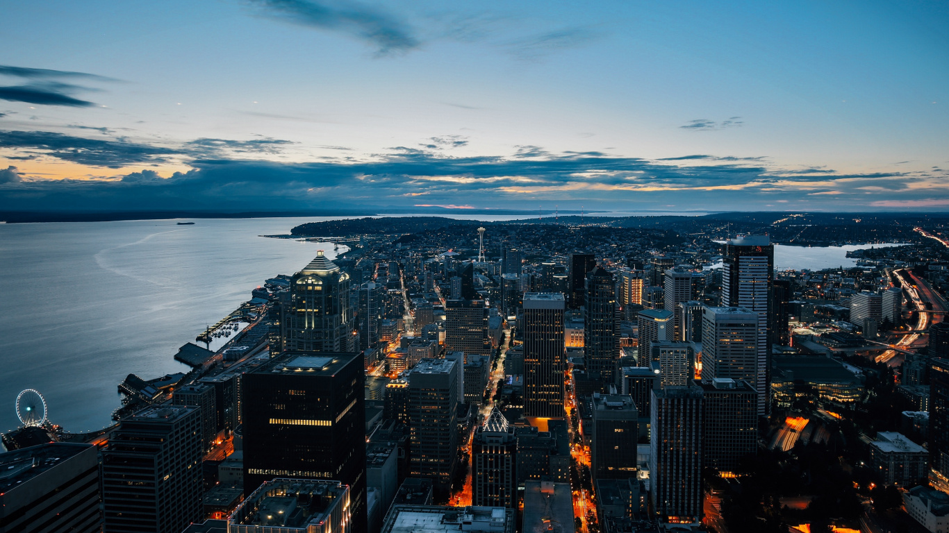 Aerial View of City Buildings During Night Time. Wallpaper in 1366x768 Resolution