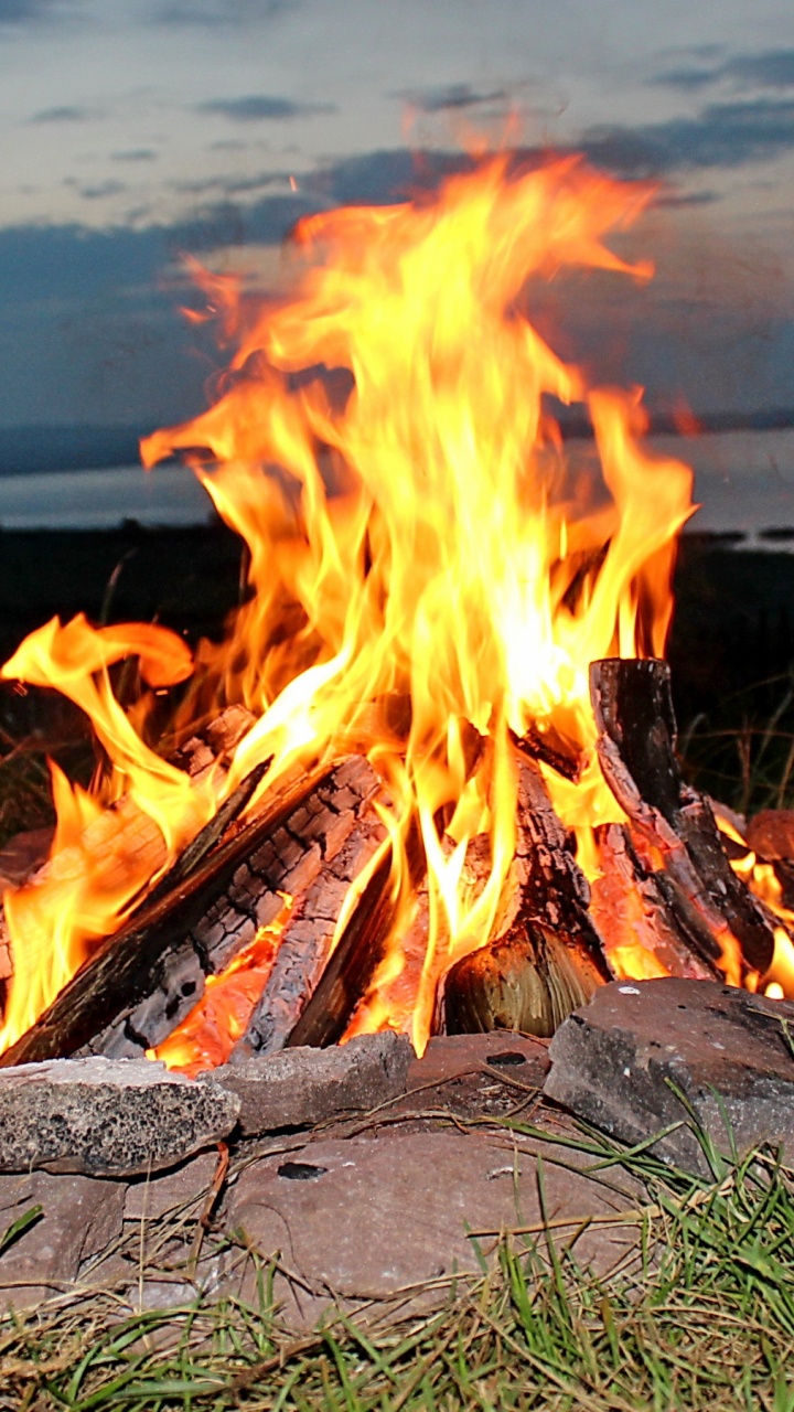 Burning Wood on Gray Rock. Wallpaper in 720x1280 Resolution