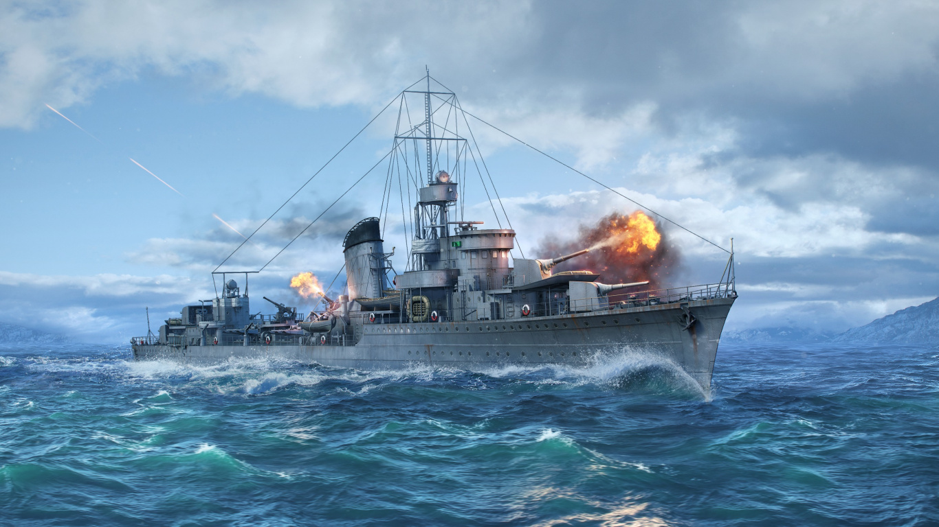 World of Warships, Destroyer, Warship, Naval Ship, Boat. Wallpaper in 1366x768 Resolution