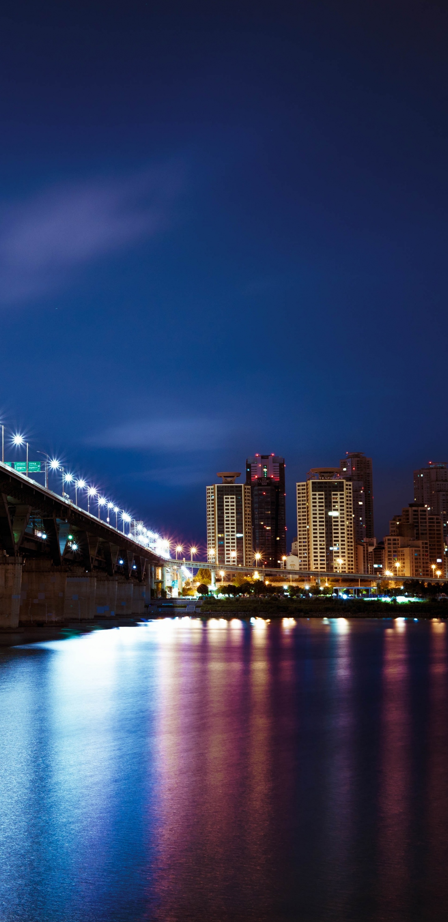 Night, Bridge, Blue, Landmark, Reflection. Wallpaper in 1440x2960 Resolution