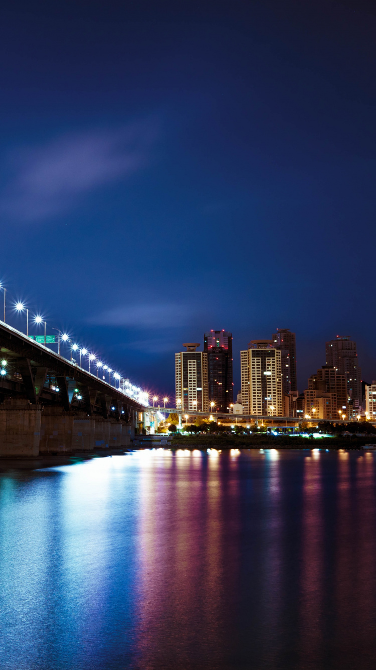 Night, Bridge, Blue, Landmark, Reflection. Wallpaper in 750x1334 Resolution