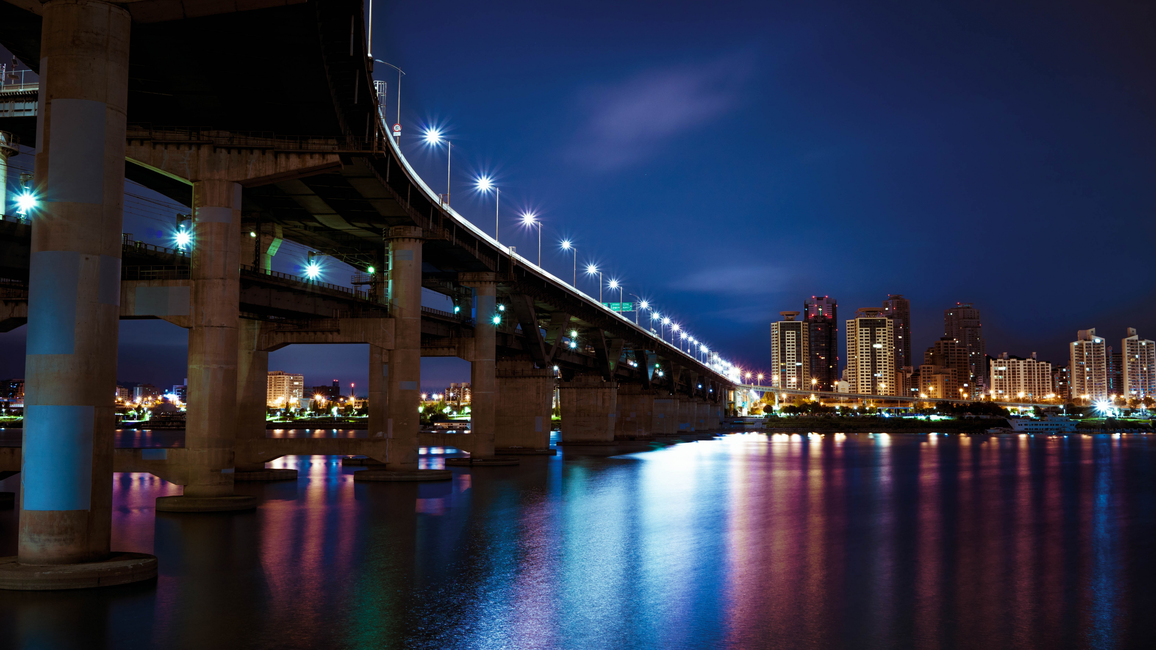 Nuit, Pont, Blue, Réflexion, Eau. Wallpaper in 3840x2160 Resolution