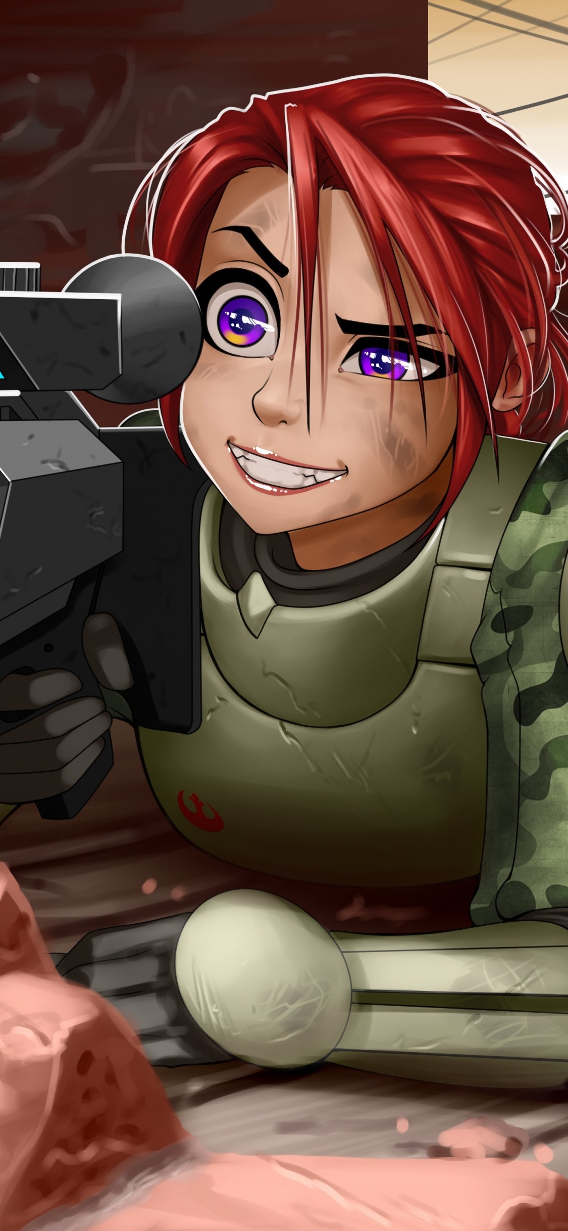 Woman in Green and Black Camouflage Suit Anime Character. Wallpaper in 1125x2436 Resolution