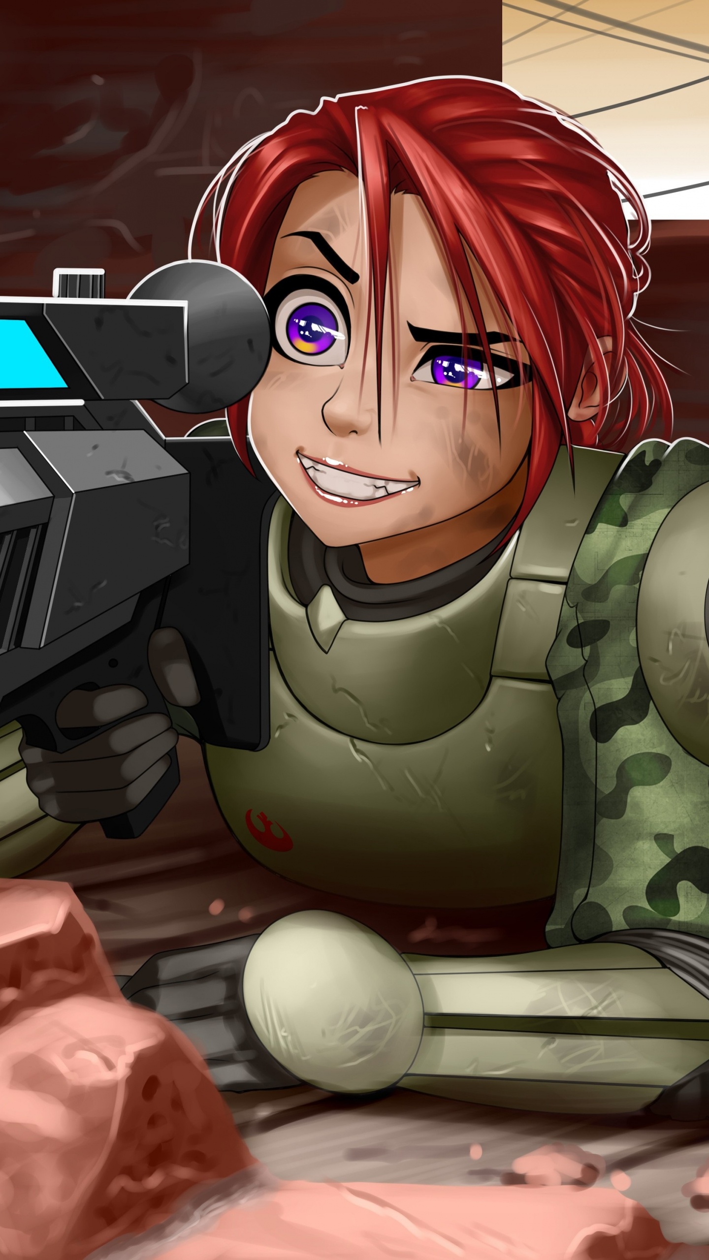 Frau im Grünen Und Schwarzen Tarnanzug Anime-Charakter. Wallpaper in 1440x2560 Resolution